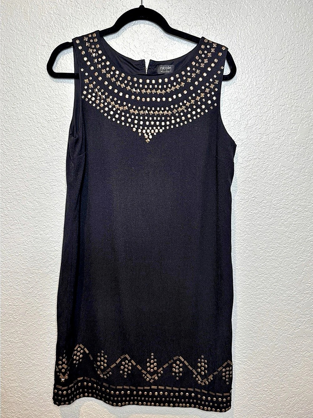 Nicole by Nicole Miller Black Studded Shift Dress Size 12 Gold Metal Accent